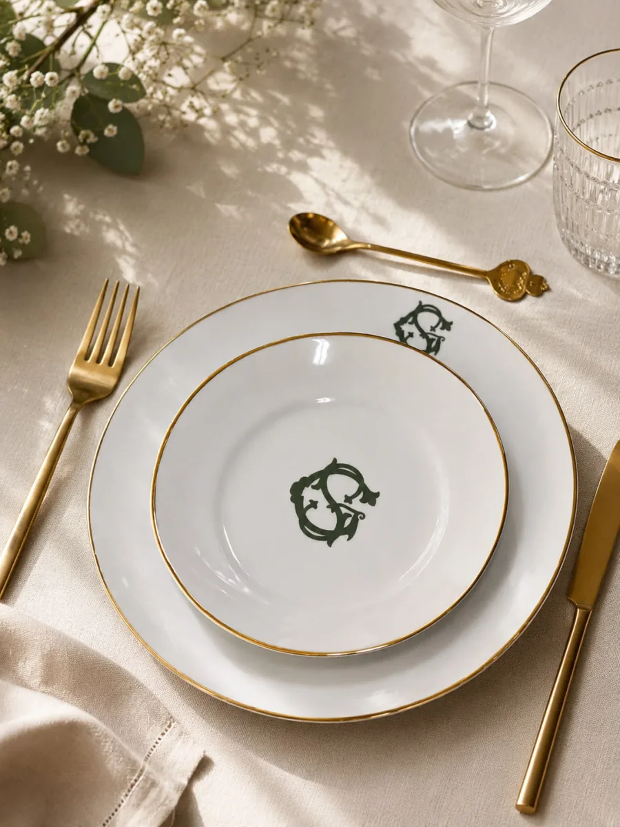 Prato raso e prato de sobremesa com monograma verde e friso de ouro, talheres dourados em mesa posta clara